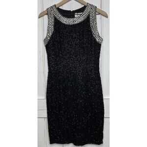 VTG LILLIE RUBIN Silk Black Dress Beaded Silver Rhinestone Cocktail Prom Size 2